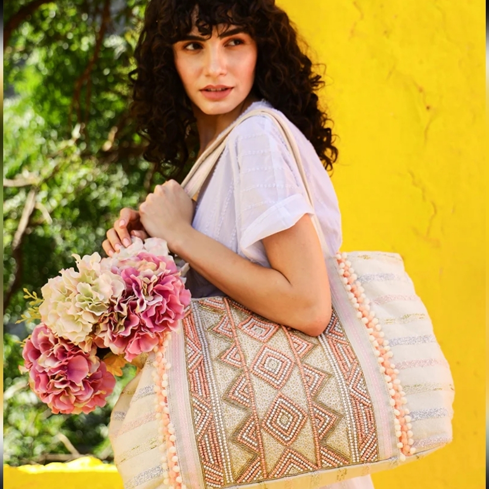 America & Beyond Rose Gold Hand Beaded  Tote Bag
